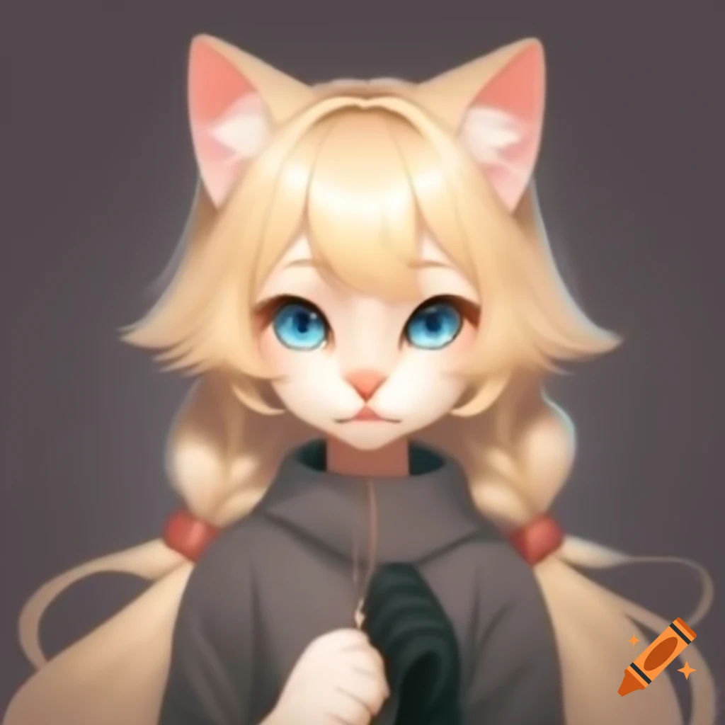 Anthropomorphic cat girl with blonde fur and hair, blue eyes, and cat ears in 2D art