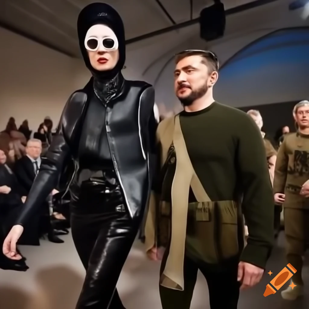 High-fashion show featuring Putin and Zelensky reflecting conflict resolution
