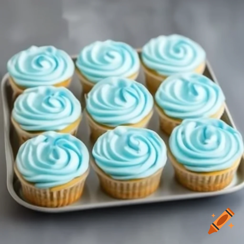 Tray of eight large blue cream cupcakes