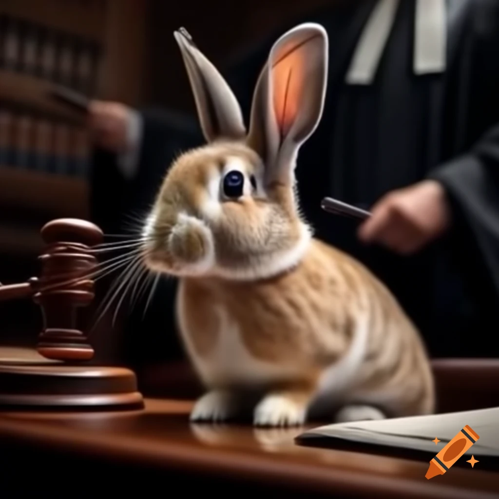 Realistic depiction of a rabbit on trial with a lawyer