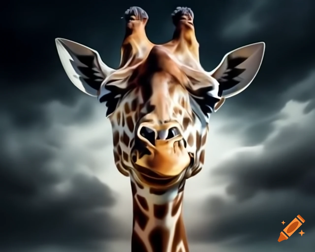 Surreal painting of giraffe's head in foggy thunderclouds, high detail