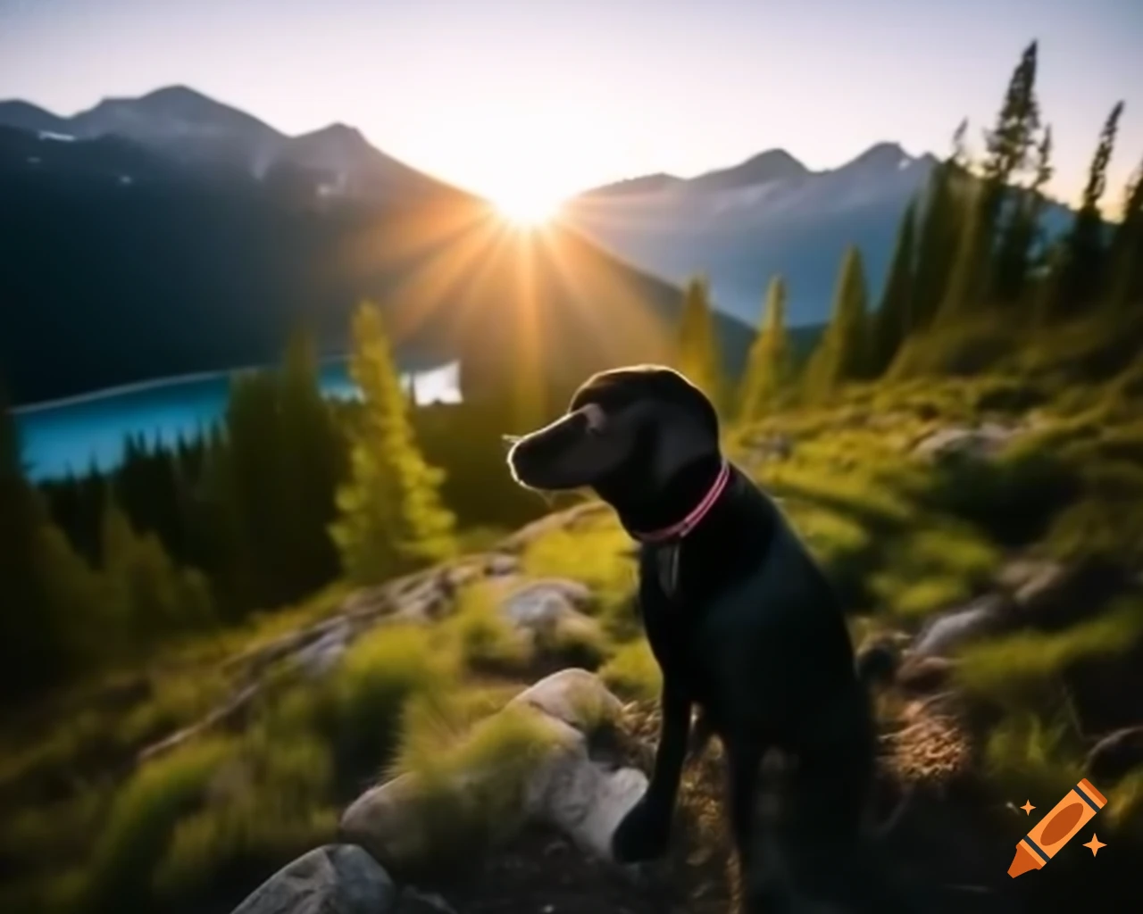 Realistic nature photography of black Labrador retriever by lake with mountains and trees