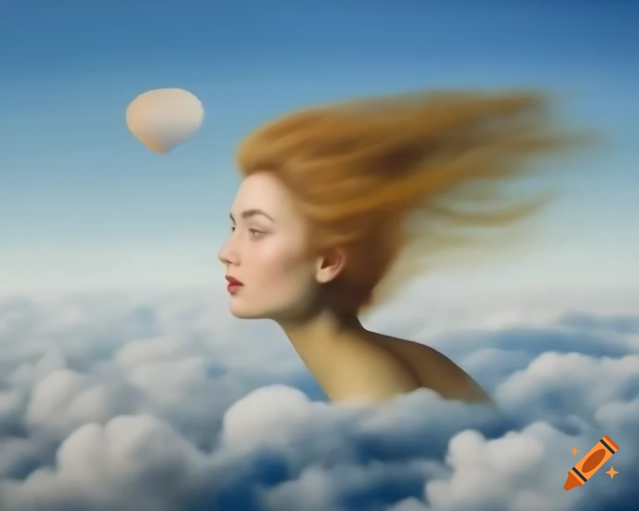 Surreal painting of woman's head with long hair in clouds and hot air balloon