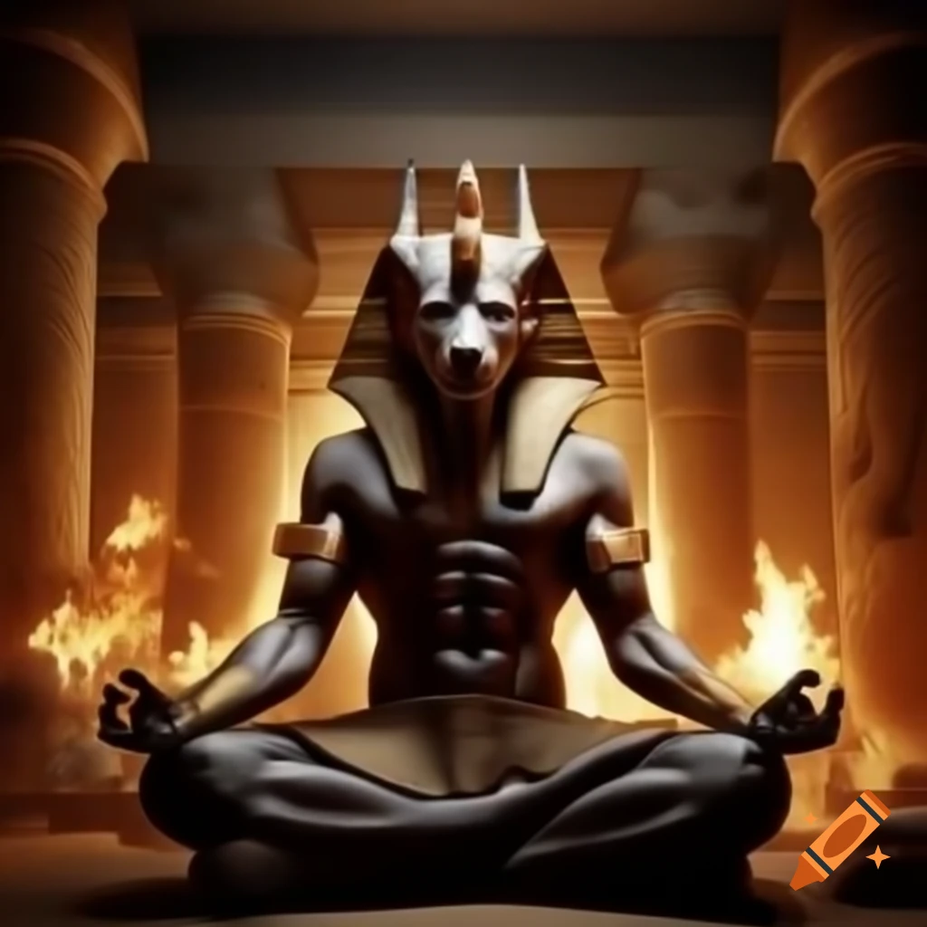 Ancient Egyptian pharaohs meditating in room with fire pit and statue of Egyptian god