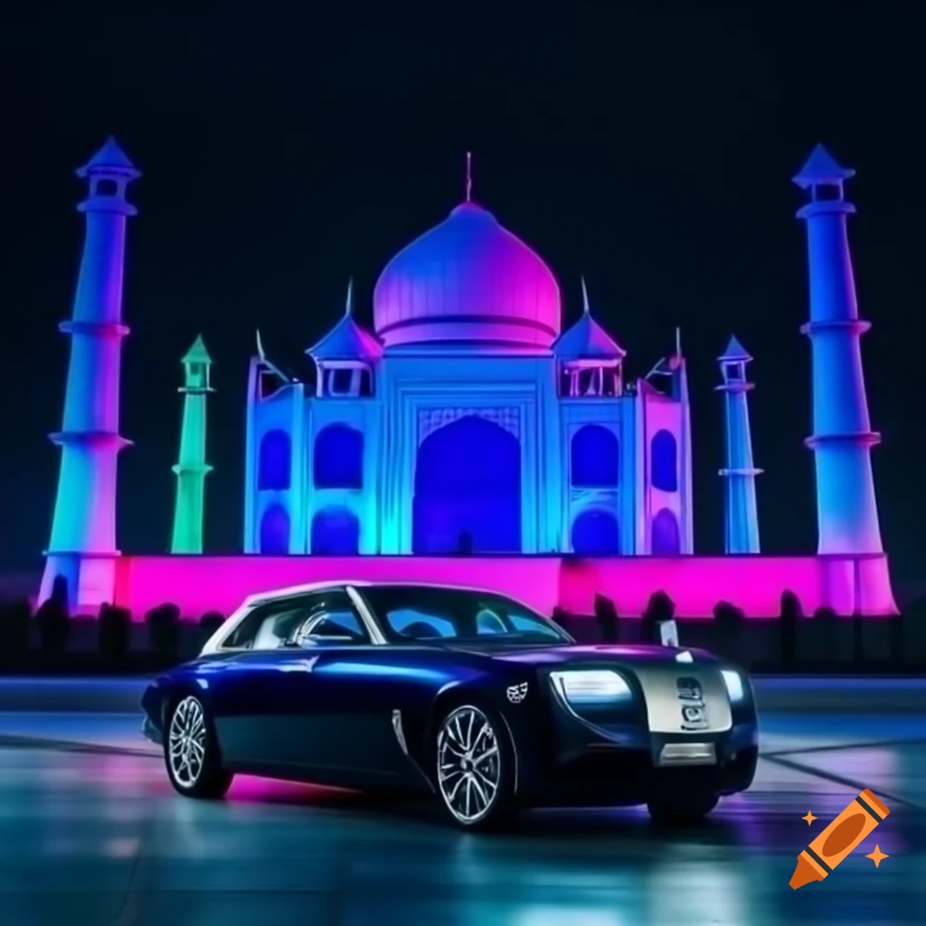 Rolls Royce in front of Taj Mahal at night with neon blue and pink lights