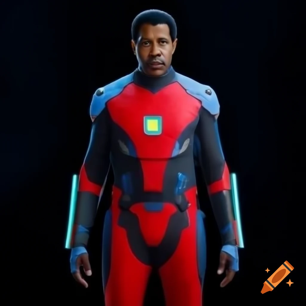 Denzel Washington in futuristic suit with red body and black-blue pattern