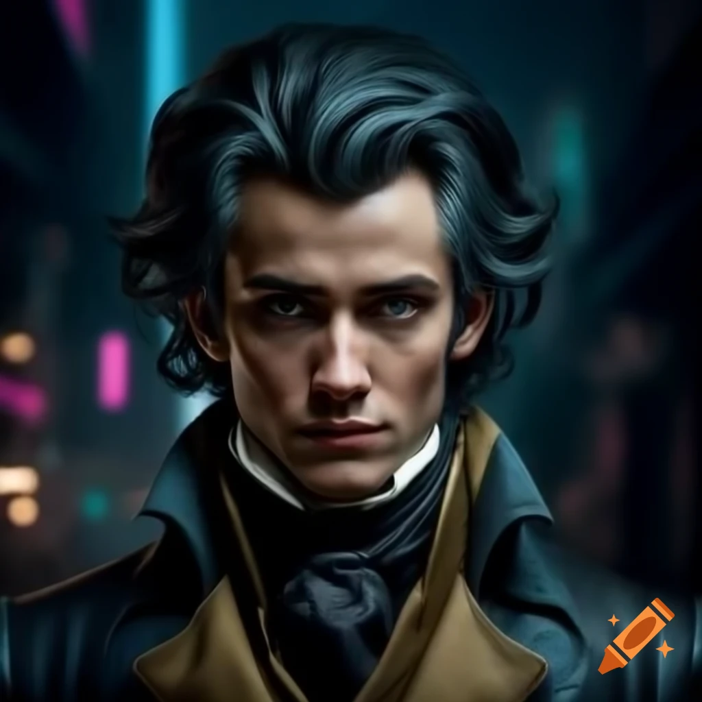 Cyberpunk interpretation of Mozart featuring futuristic elements