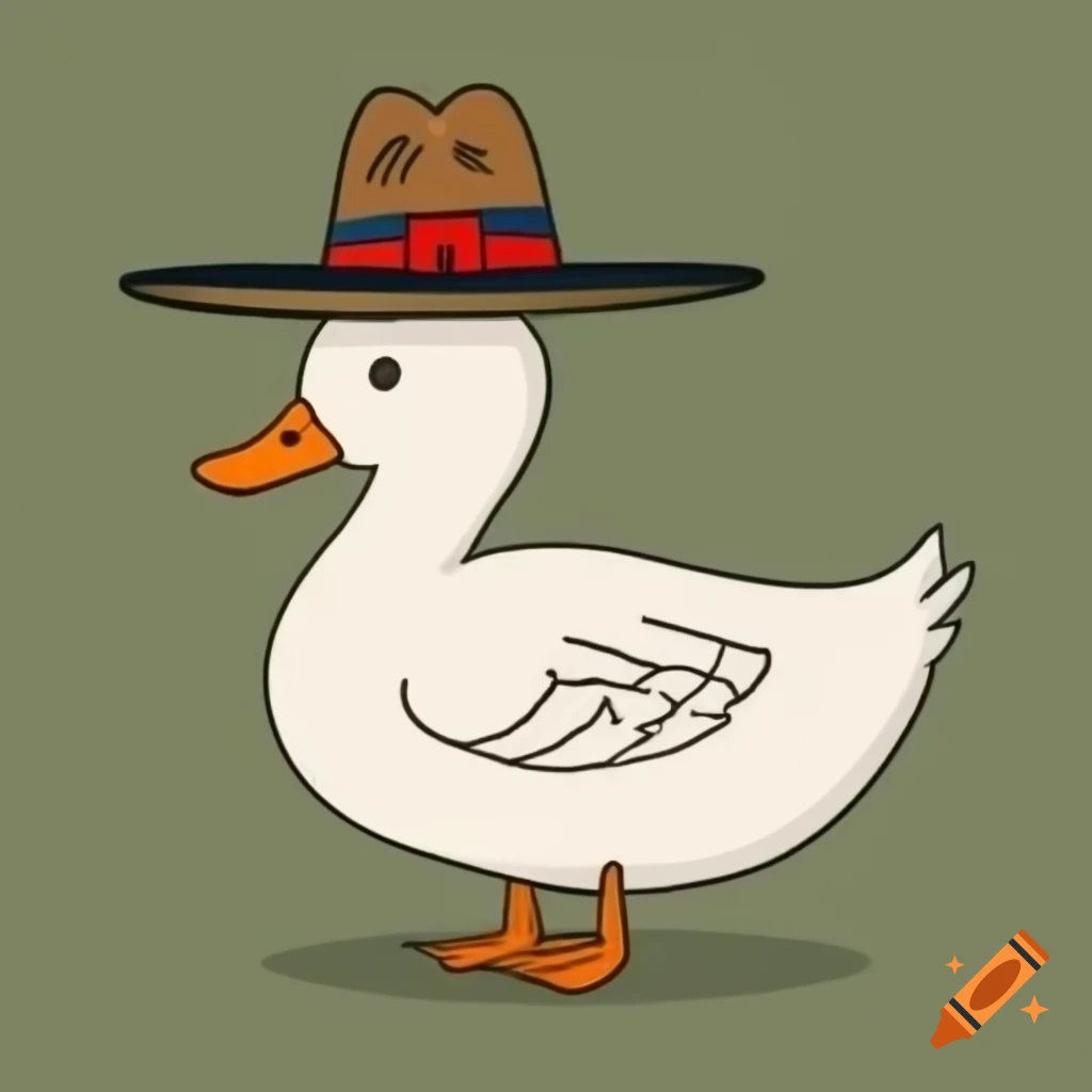 Silhouette of a duck wearing a hat, facing left with visible wings and legs