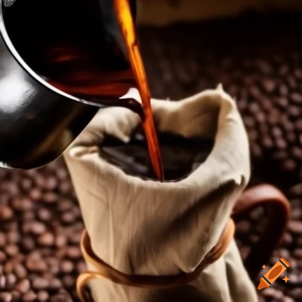 Pouring coffee through burlap filter