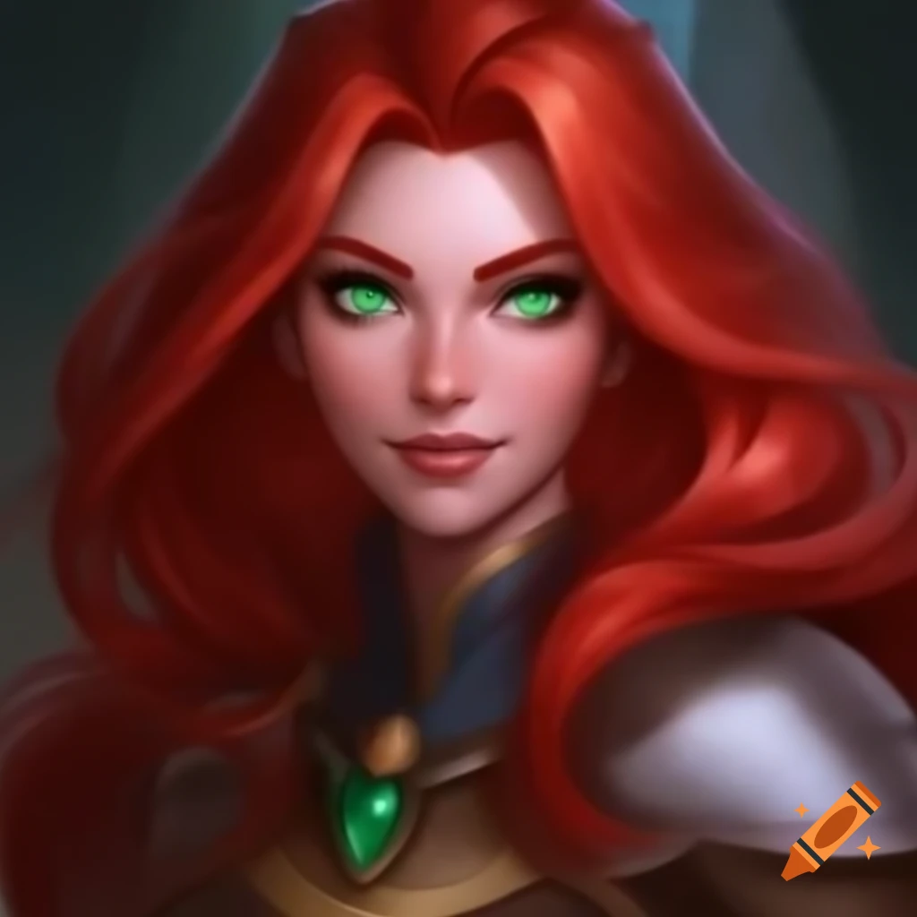 Woman with red hair and emerald green eyes, showcasing a confident smile and adventurous spirit