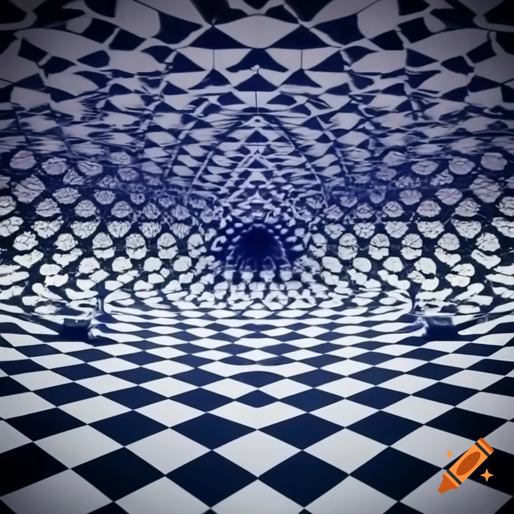 Hyperbolic expansive space depicting bending space-time with multicolored checkerboard floor