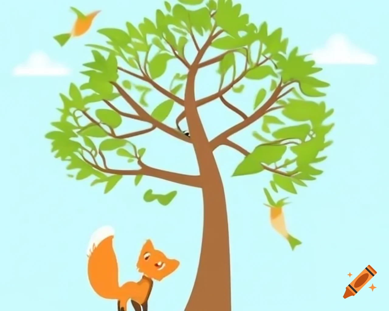 Tree with birds in branches surrounding a fox