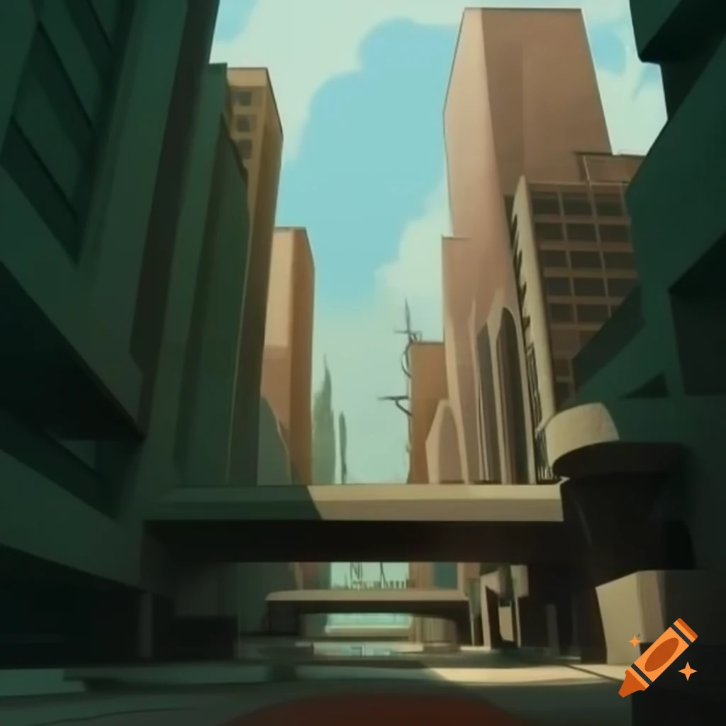 Retrofuturistic cityscape featuring brutalist architecture inspired by 1920s Avantgarde art