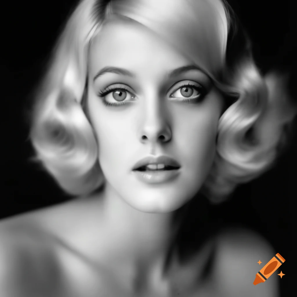 Hyper-realistic black and white photograph of a beautiful European actress from 1963