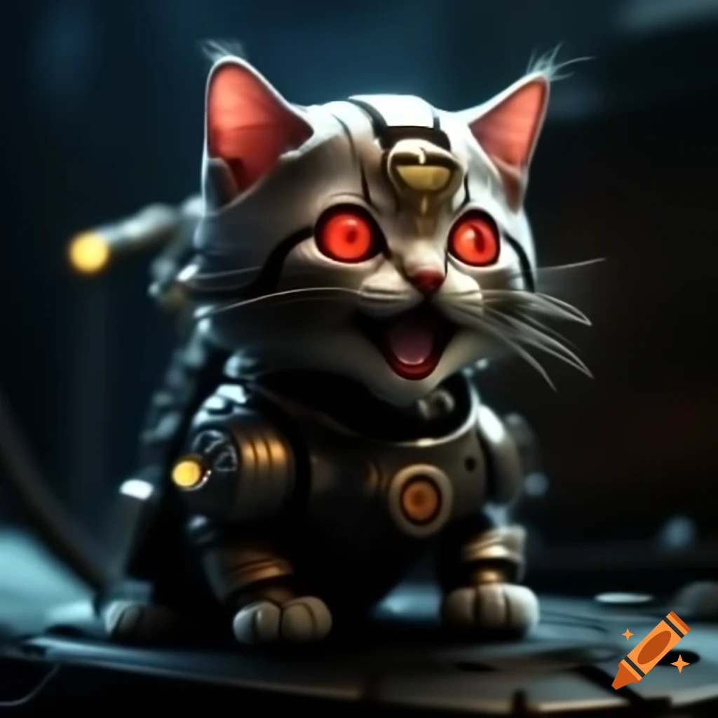 Cybernetic steampunk kitten with red glowing eyes biting futuristic blade