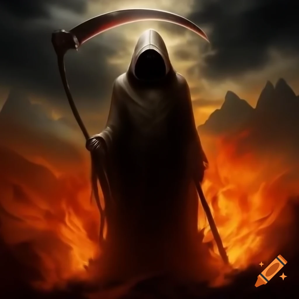Skeletal figure in hooded robe silhouetted against sunset flames with scythe