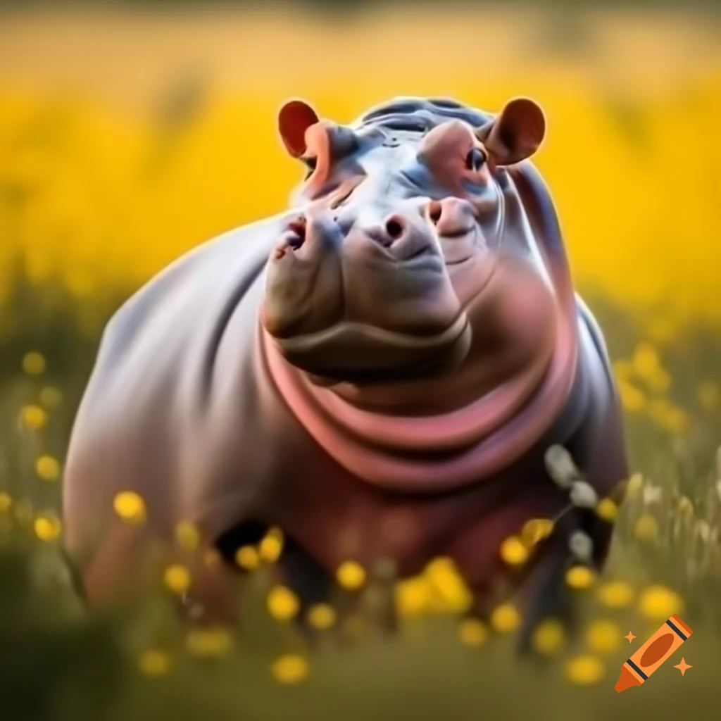 Close-up of pink hippopotamus in vibrant yellow wildflower field