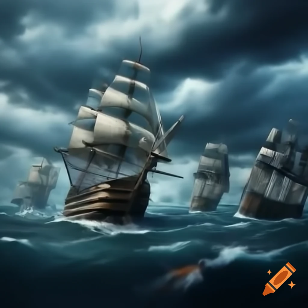 Naval battle with ships in storm, one burning ship, pirates on debris
