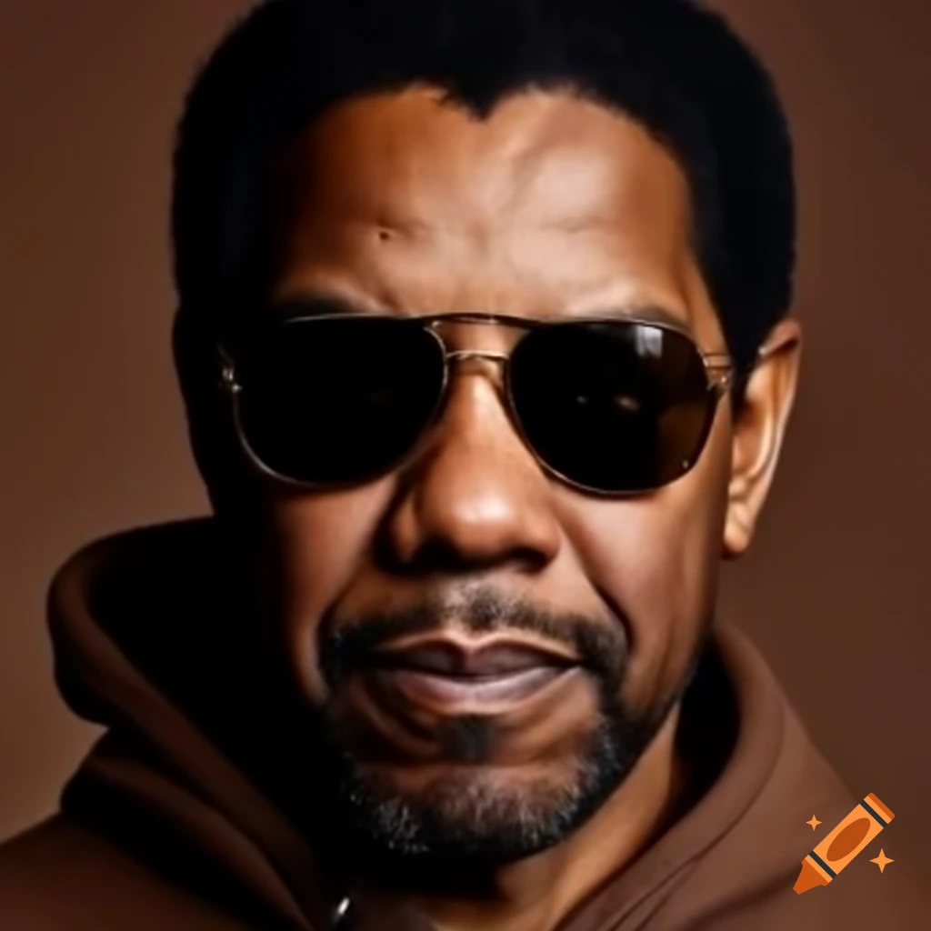 Denzel Washington wearing sunglasses and dark brown hoodie against dark brown background