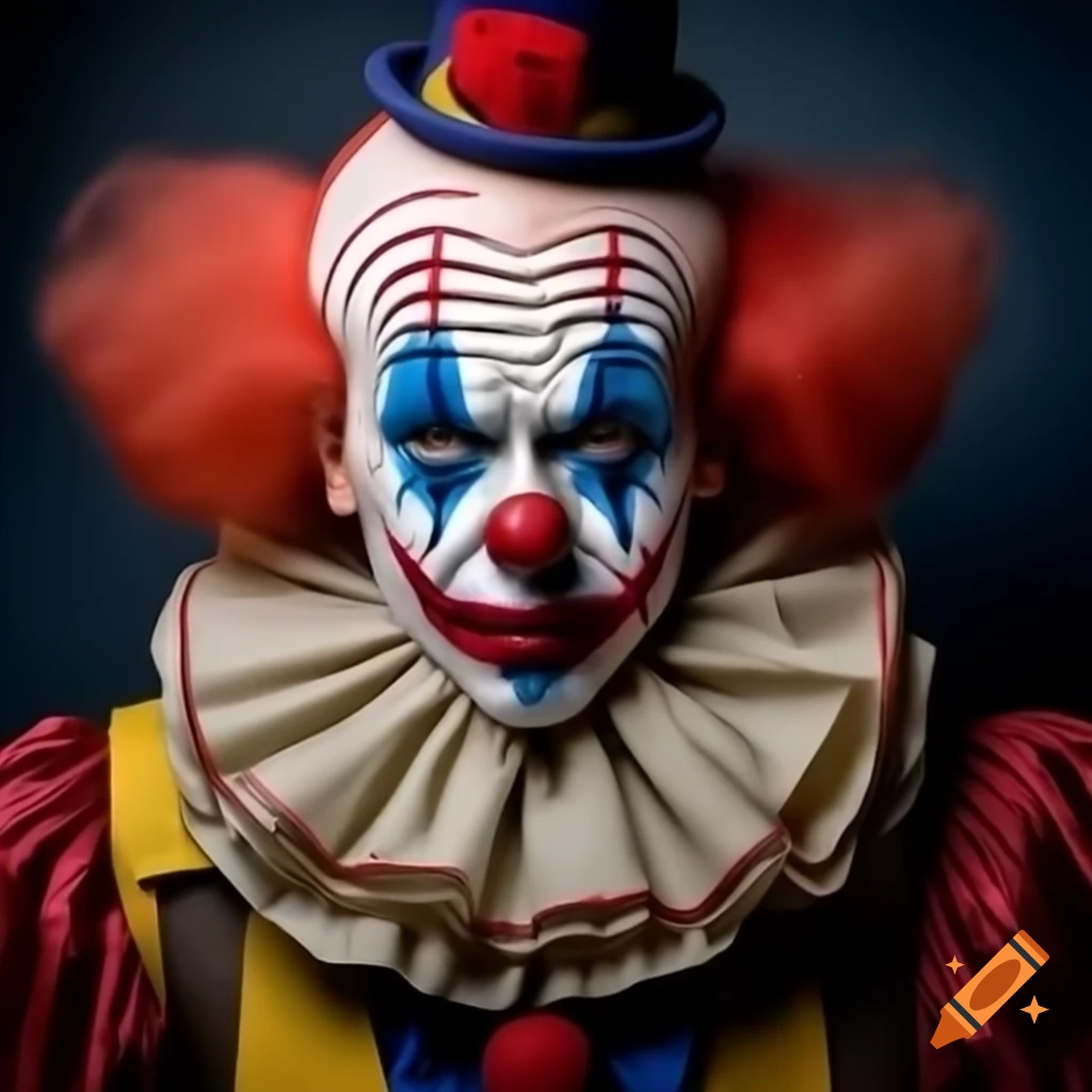 Clown with oversized makeup in animated theatrical debate