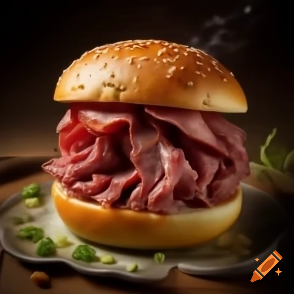 Surreal culinary art featuring living meat and bun, presented in an unsettling style