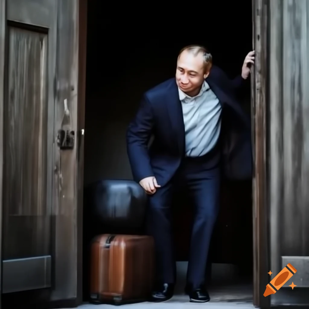 Vladimir Putin standing with suitcase at wooden outdoor toilet