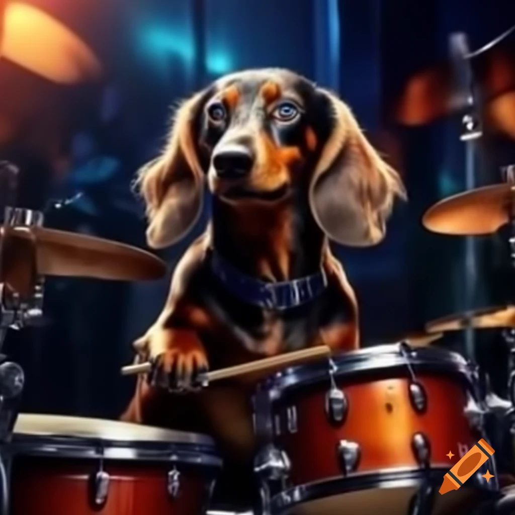 Long haired dachshund playing drums in energetic environment