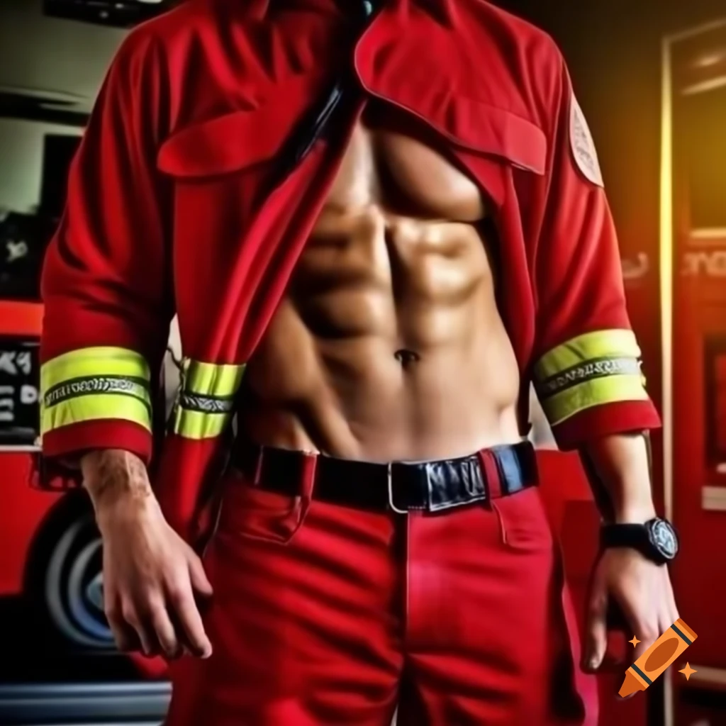 Firefighter showing abs, action scene