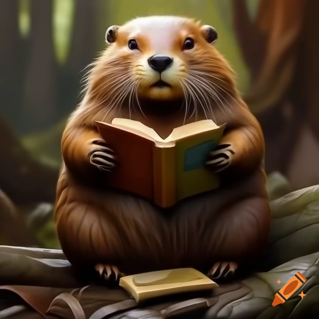 Colorful beaver reading a book in a fantasy forest