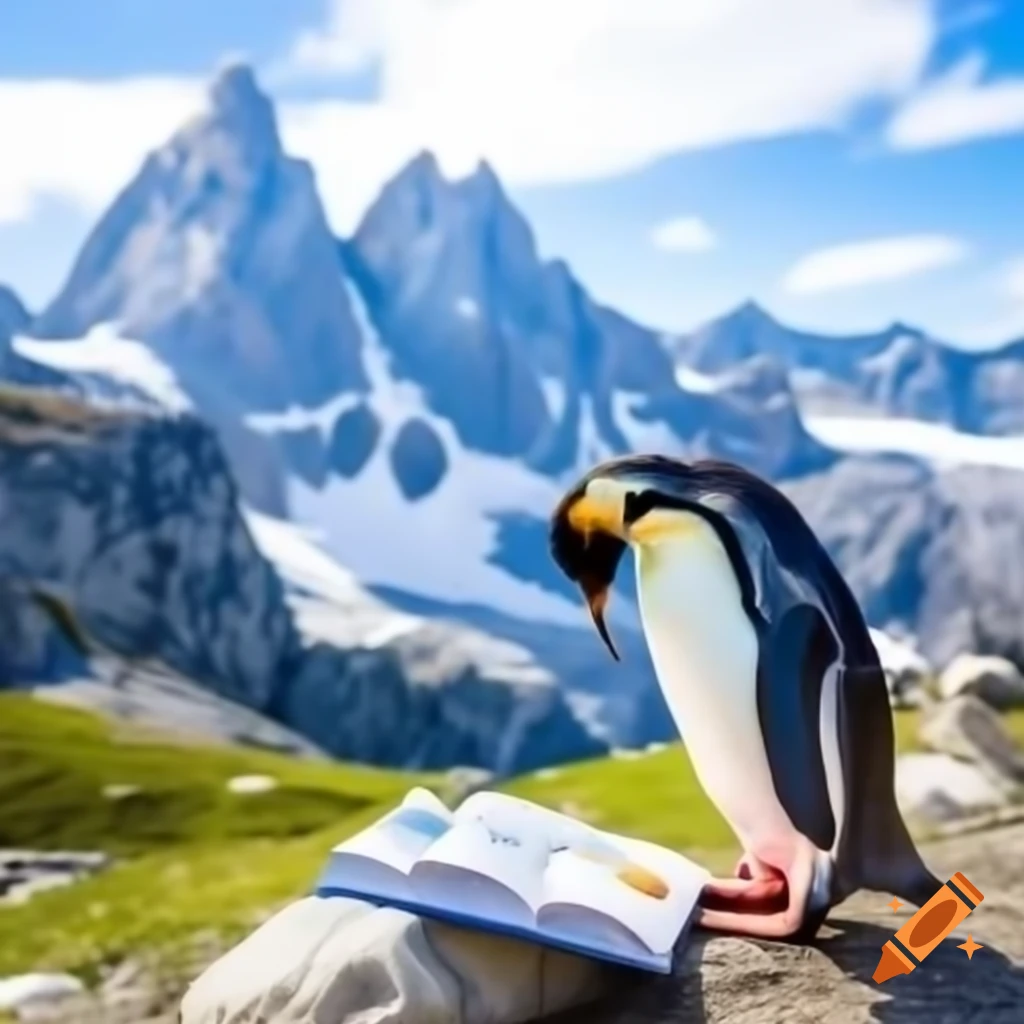Penguin reading a book with Monte Cervino in the background