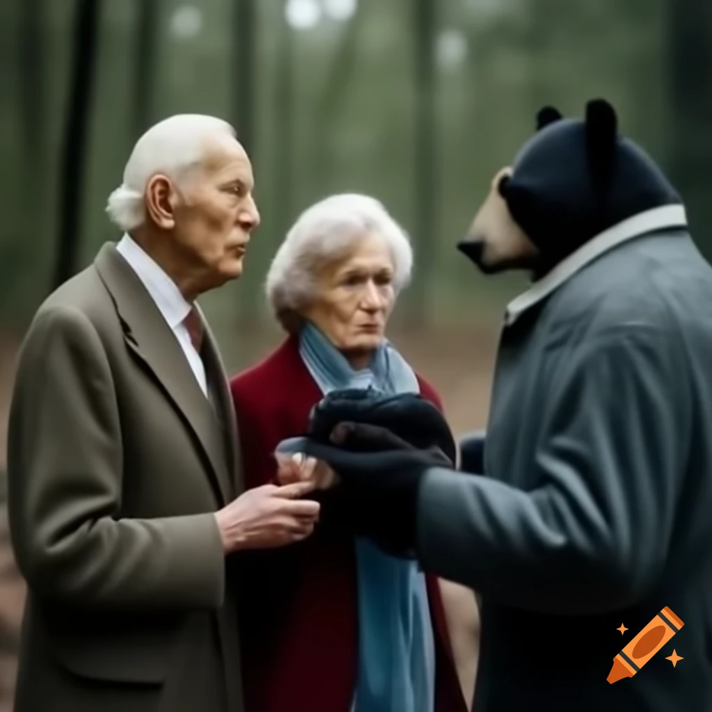 Satirical scene with elderly presidential candidate, young reporter, and a bear in the woods