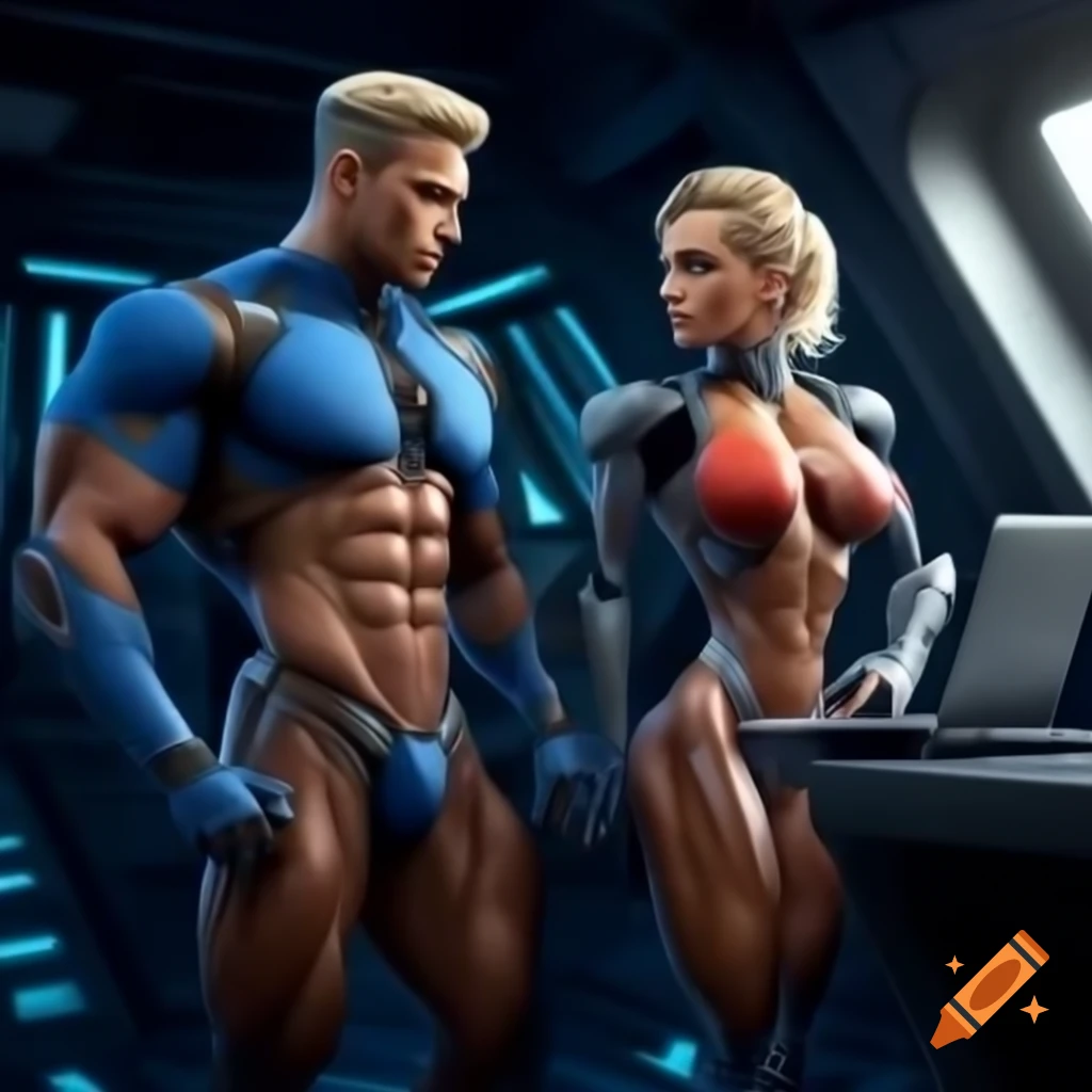 Blonde cyborg couple in spaceship with armor and trunks working on laptop