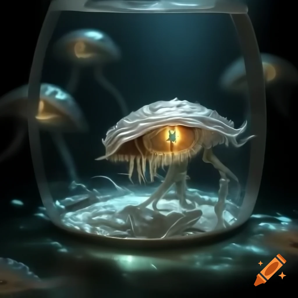 Otherworldly creature with pearly scales navigating silver vessel