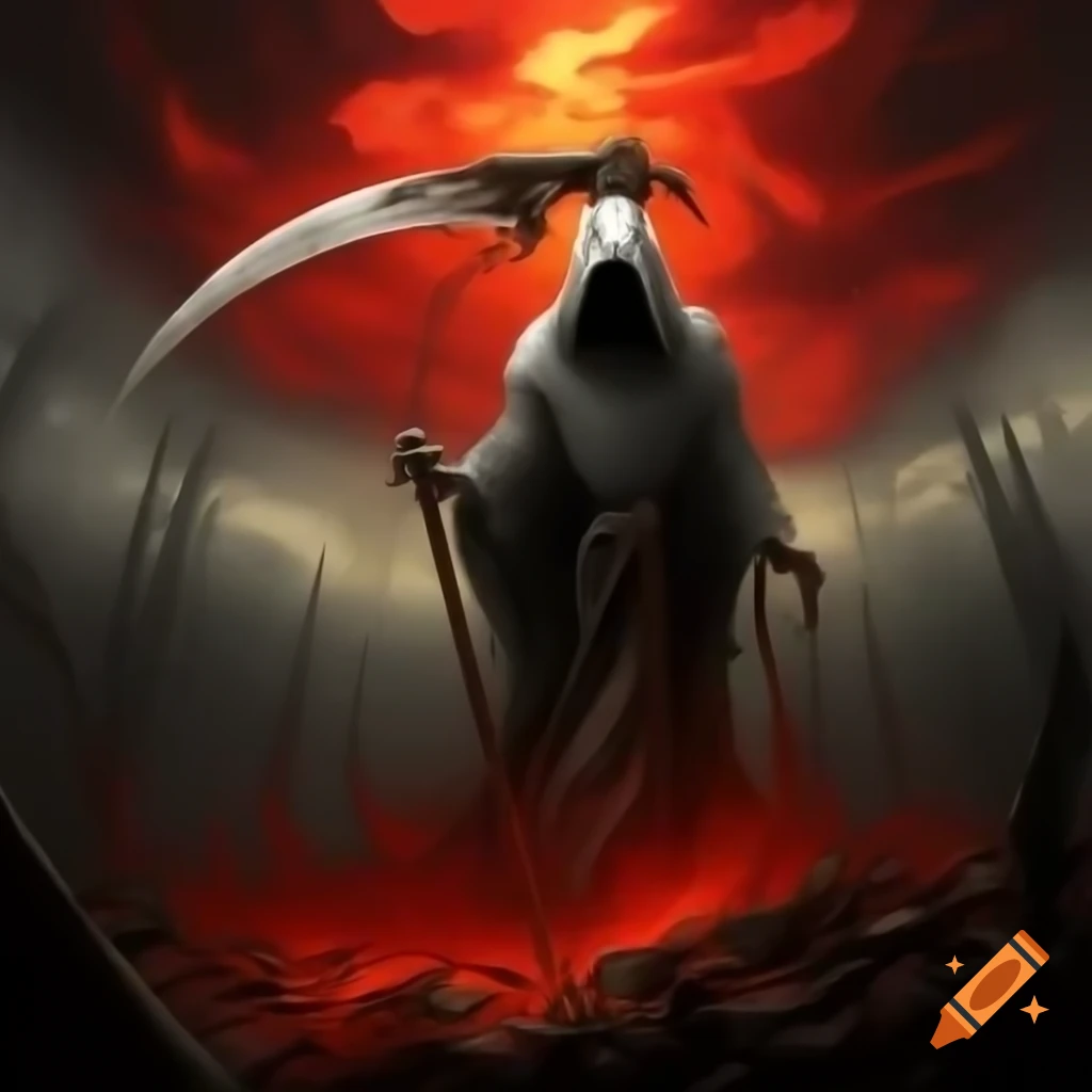 Reaper with bone scythe in crimson sky over barren land