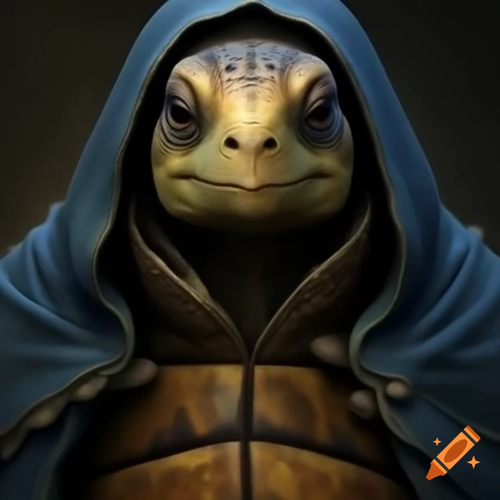 Noble tortoise folk fighter wearing a deep blue cloak