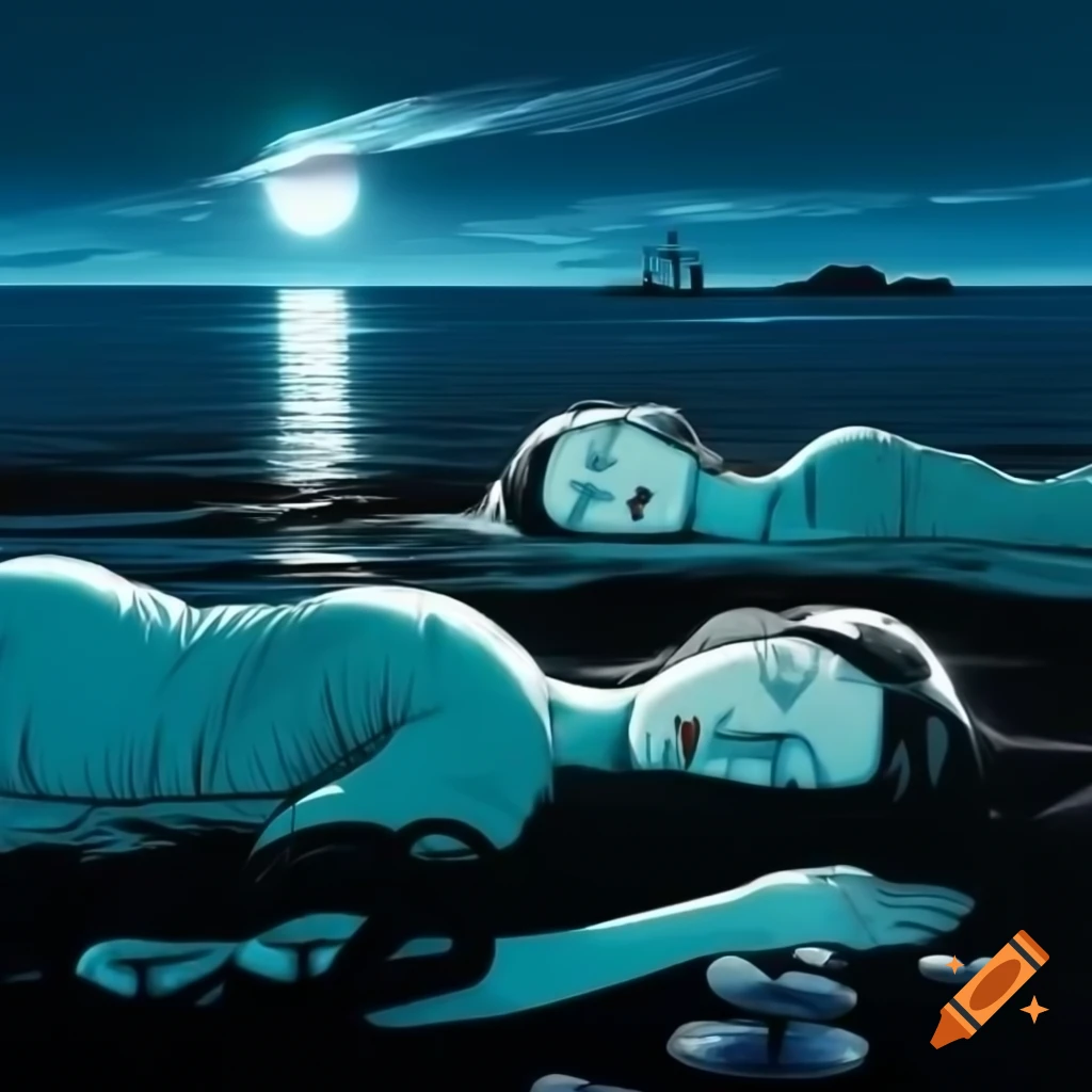 Luminescent women sleeping in ocean under luminous moon in Michelangelo style