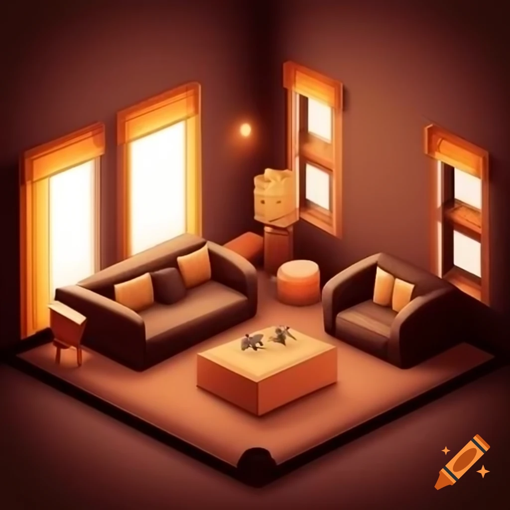 Cozy 3D living room with plush furniture and warm lighting