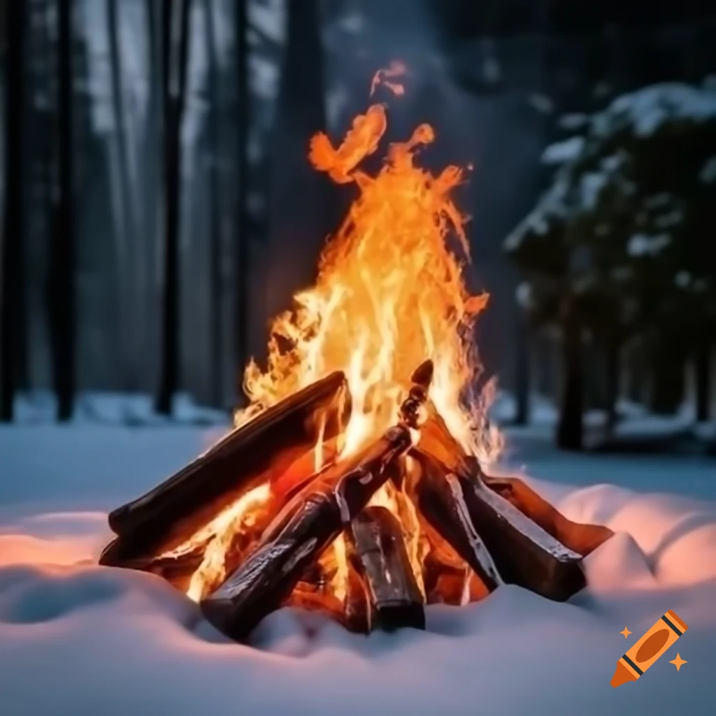 Warm bonfire in snow-covered woodland at night