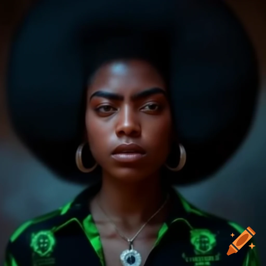 Black woman with Afro in black and green shirt showcasing voodoo jewelry