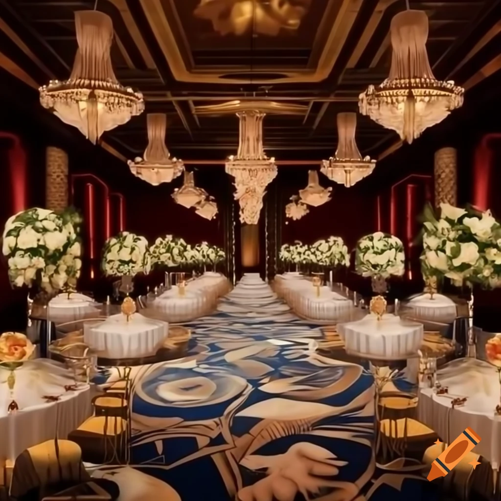 Luxurious French hotel grand ballroom with dance floor and chandeliers