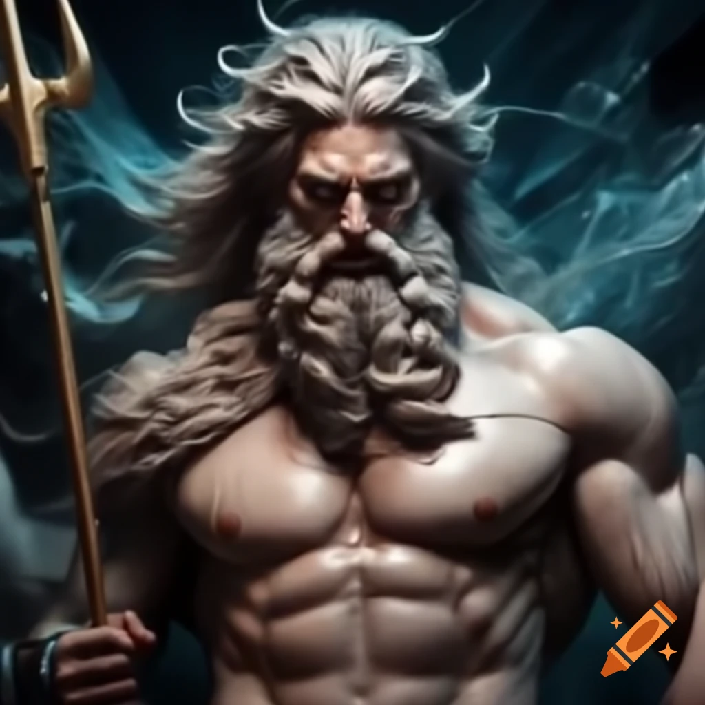 Poseidon with trident demonstrating muscular physique