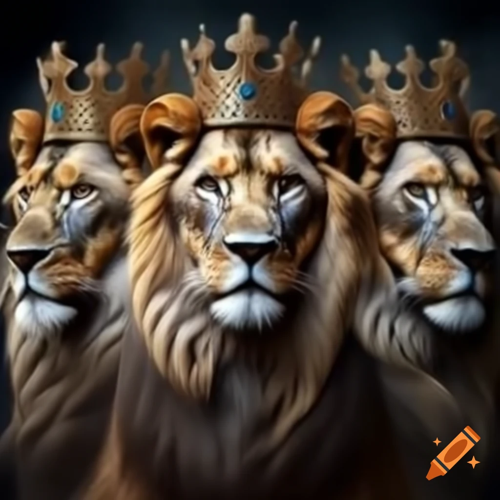 Three female lions wearing crowns engaged in gossip