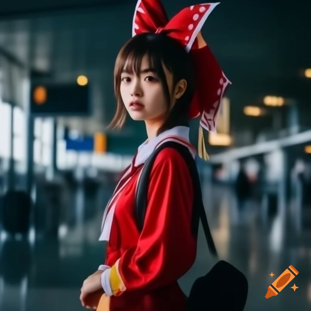 Reimu Hakurei in red tracksuit at Brisbane airport terminal