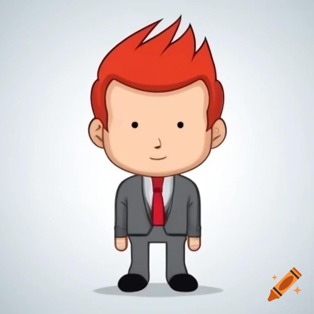 Cartoon-style tall British young man with red hair in a suit and black shoes