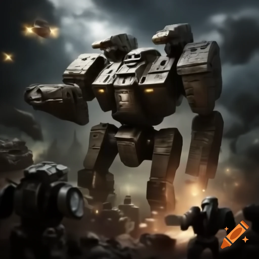 Epic battle scene with armored core mechs and flying metal debris