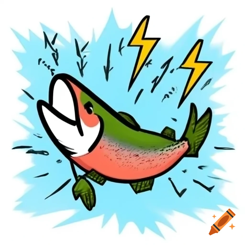 Electric salmon jumping from comic book panel with lightning bolts