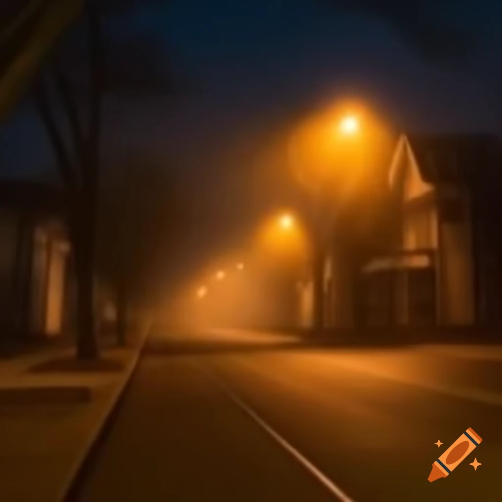 Small town street at night in heavy fog during autumn