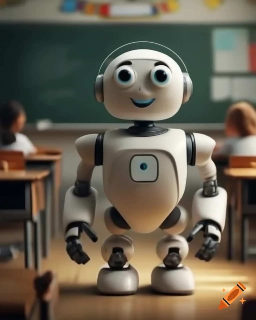 Friendly robot in classroom with lady teacher