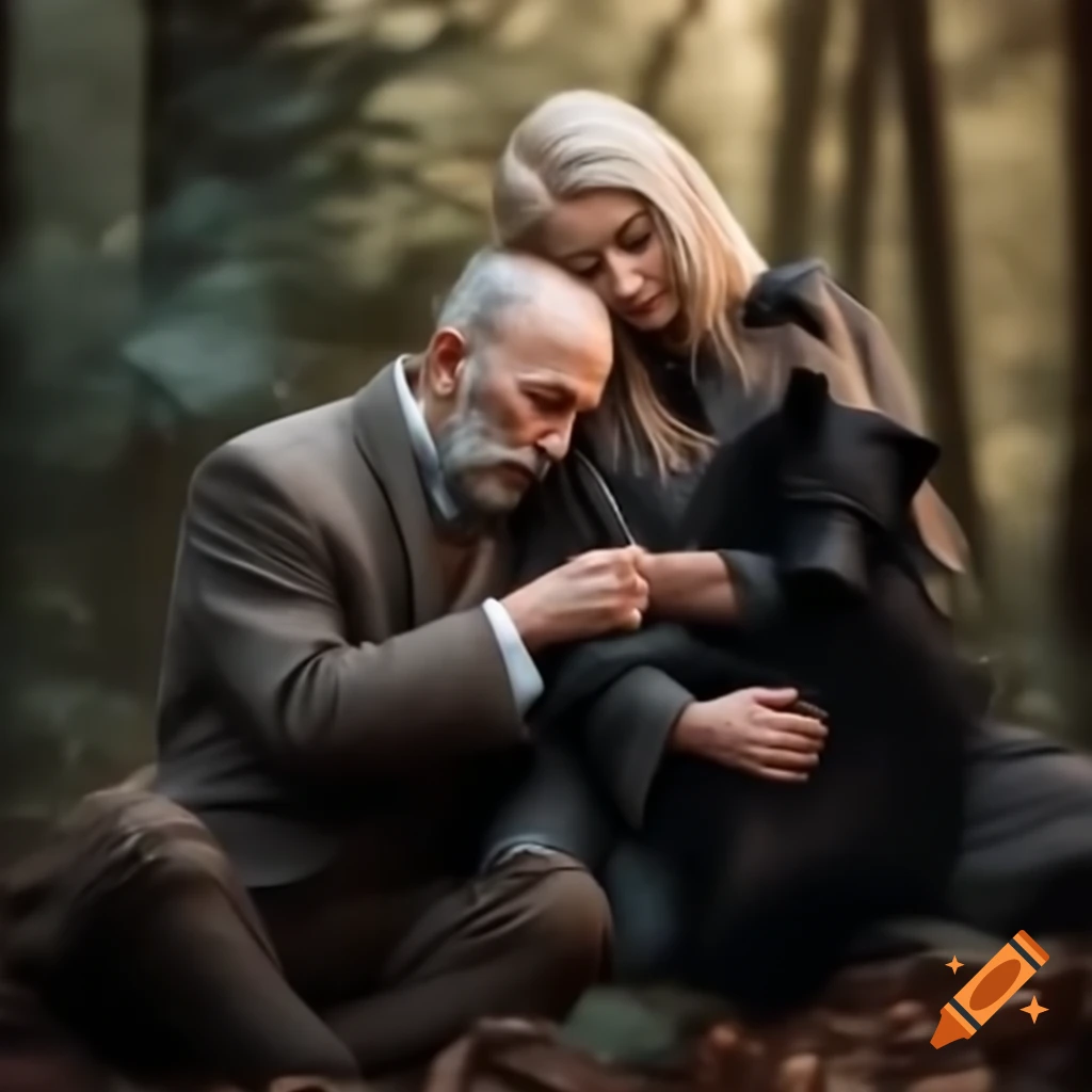 Satirical scene with elderly presidential candidate, young reporter, and a bear in the woods