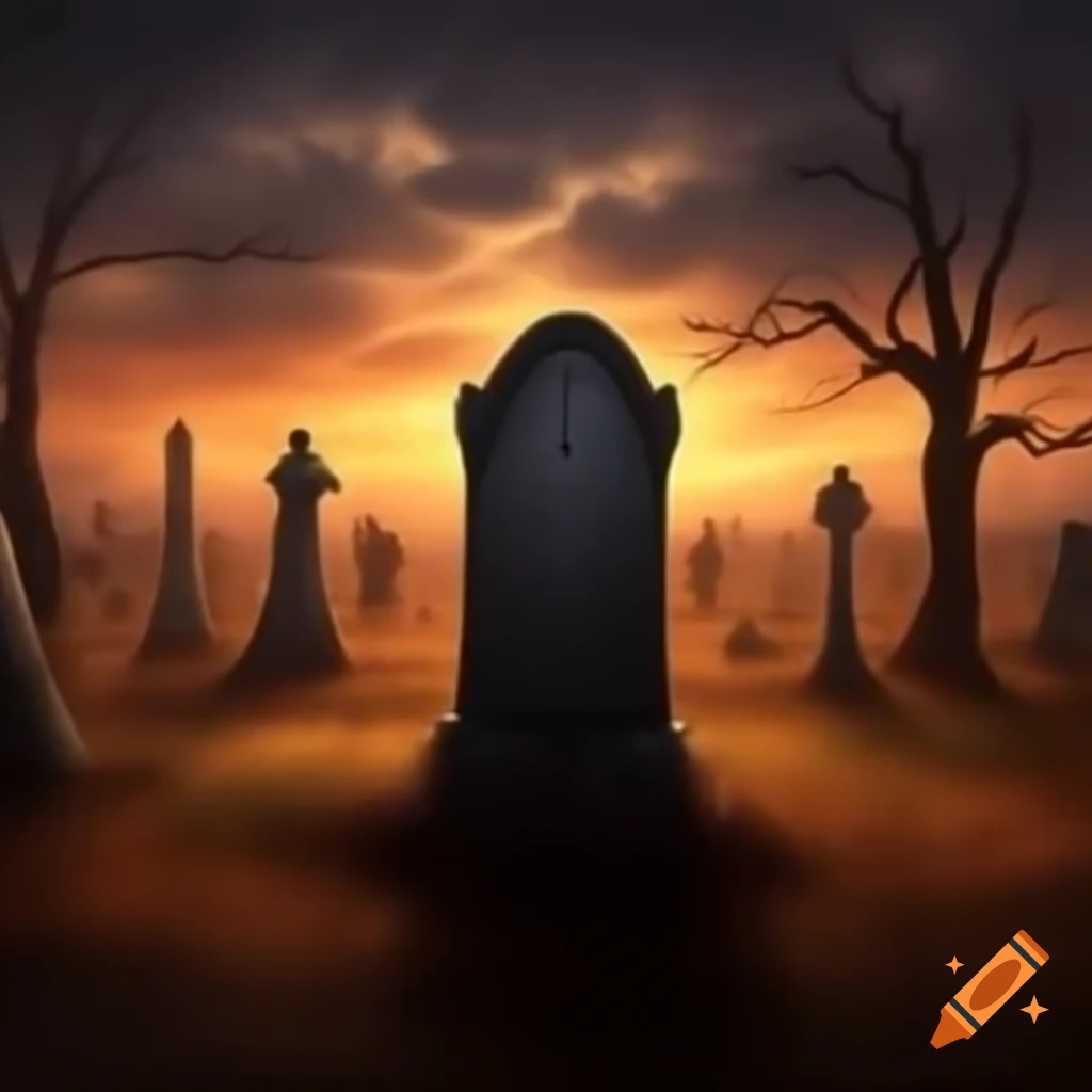 Sunrise illuminating a grave in a spooky cemetery